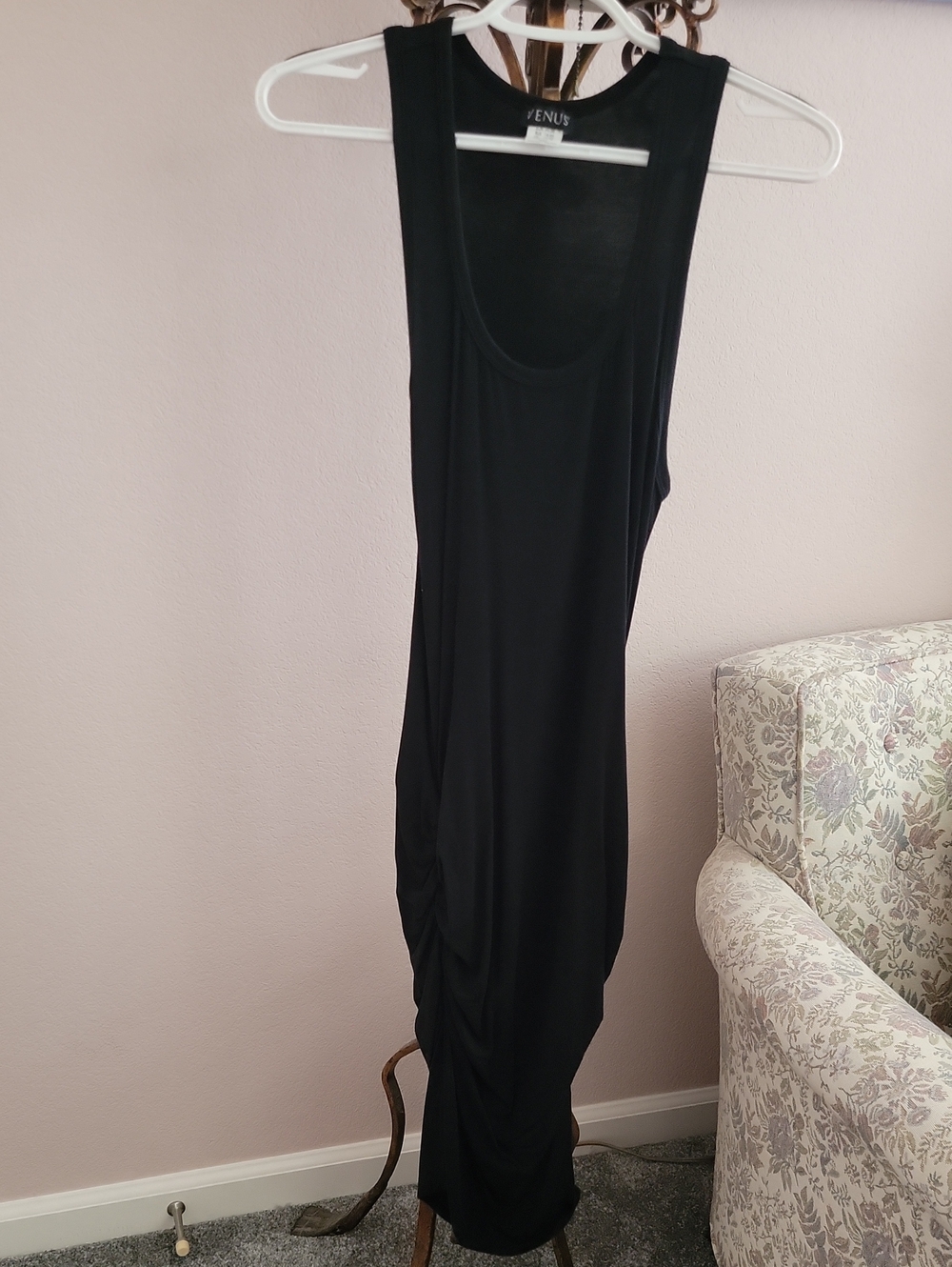 VENUS Black Scoop Neck Racerback Sleeveless Ruched Tank Dress